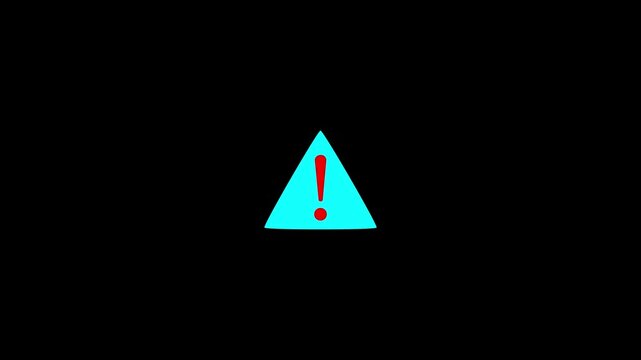 A stark image features a bright red warning triangle with a red exclamation point centered on a completely black background high quality. 4k video animation