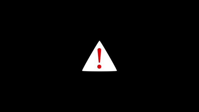 A stark image features a bright red warning triangle with a red exclamation point centered on a completely black background high quality. 4k video animation
