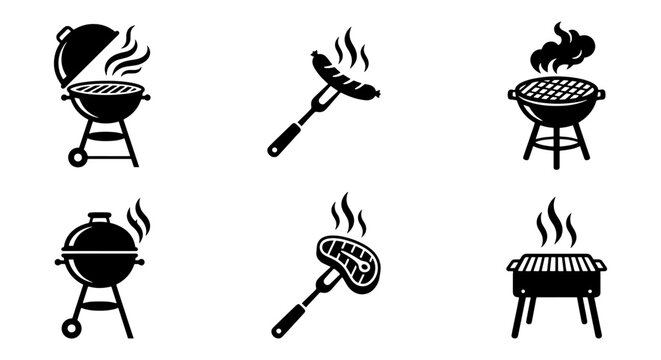 Barbecue grill icon set, black silhouette BBQ equipment collection, 6 vector elements for outdoor cooking, charcoal grill and meat fork graphics