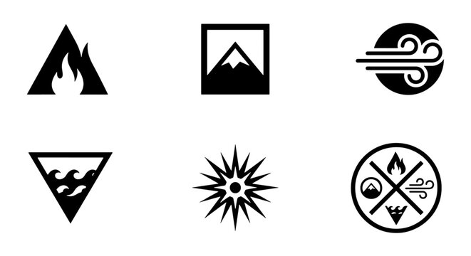 Minimalist nature elements icon set, black and white geometric symbols of fire water air and earth, 6 vector graphic signs for branding