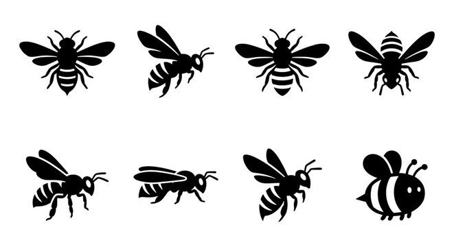 Honey bee silhouette vector set, black bumblebee icons collection, flying insect graphic elements for honey packaging and nature branding