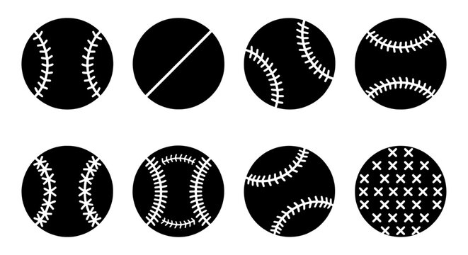 Baseball ball silhouette icons with white stitching, set of 8 black sports ball vector elements, softball and baseball lace patterns for athletic design