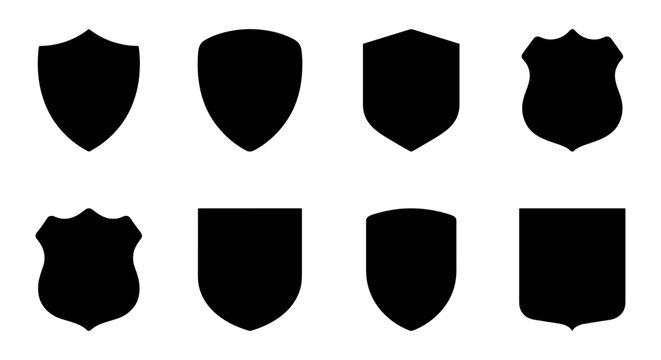 Shield silhouette icon set with 8 vector elements, heraldic coat of arms frames, black security badges and protection symbols for logo design