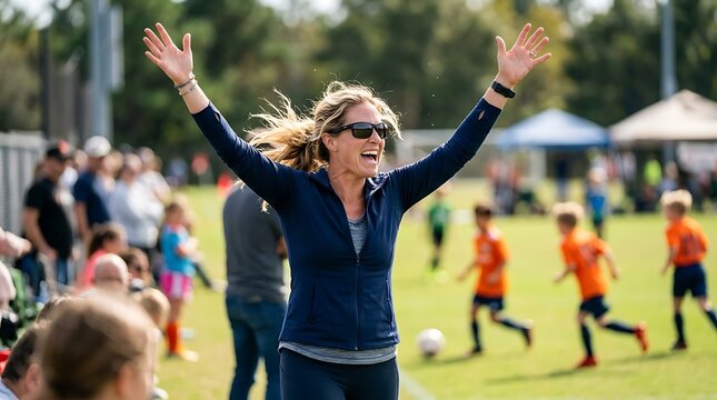 Excited Woman Cheering with Arms Raised at a Youth Soccer Game