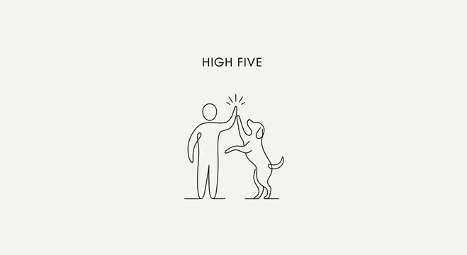 Minimalist line art illustration of a person and a dog giving a high five.