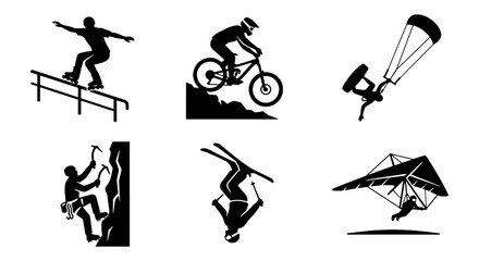 Extreme sports silhouette icons set, 6 black vector elements of outdoor adventure activities, mountain biking and rock climbing graphics © Jim