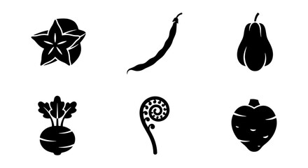 Minimalist tropical vegetable icons, black silhouette exotic produce set of 6 vectors, organic starfruit and fiddlehead fern illustrations © Jim