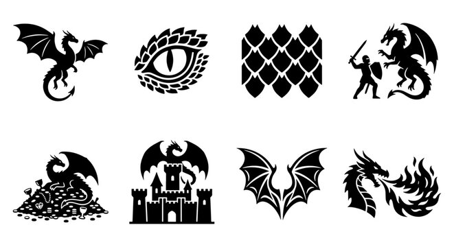 Fantasy dragon icons set, black silhouette mythical creature symbols, 8 vector elements including dragon eye, fire breathing wyvern, and castle