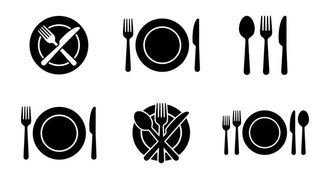 Restaurant cutlery icon set, black flat plate and silverware vector symbols, 6 dining utensil illustrations for menu design and food service