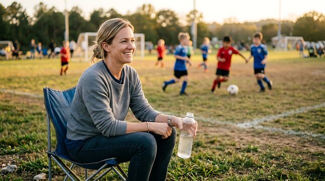 Proud Mother Watching Children Playing Youth Soccer at Sunset