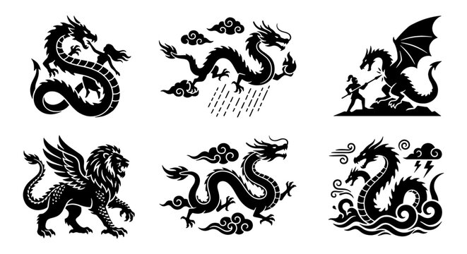 Mythical dragon and creature silhouettes, set of 6 fantasy beast icons, black vector illustrations of legendary monsters and winged griffins