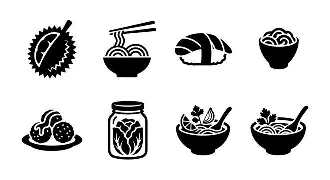 Asian food icon set with 8 black vector elements, traditional oriental cuisine symbols, durian fruit and ramen noodles, sushi and kimchi jar illustrations