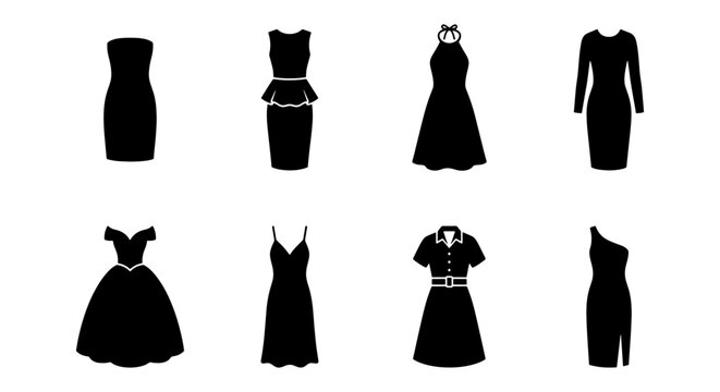 Black dress silhouette icons set, collection of 8 female fashion garment vectors, elegant evening gown and cocktail dress apparel symbols