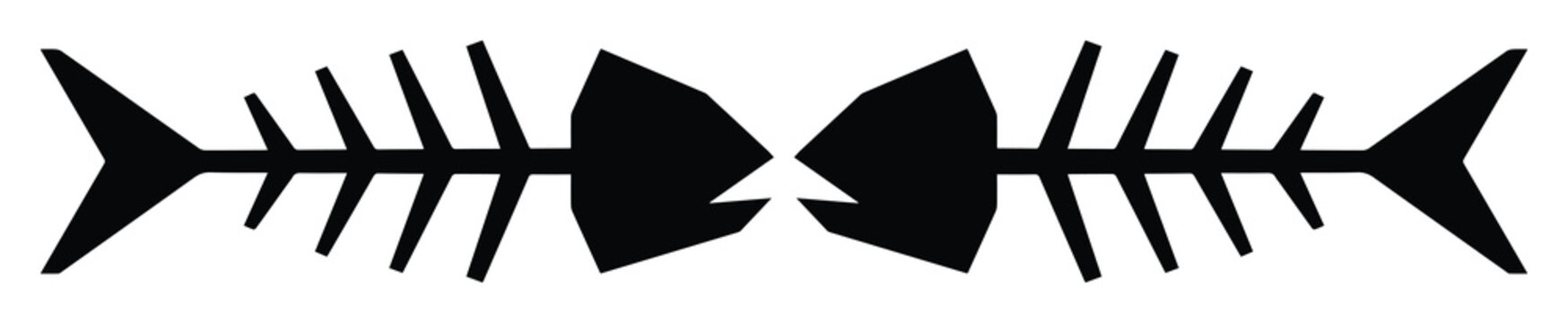 Minimalist fish bone silhouette vector, black fish skeleton icons facing each other, symmetrical seafood waste illustration for restaurant branding