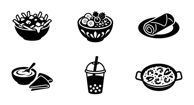 Minimalist food icons set, black and white vector illustrations of poutine, fruit bowl, bubble tea, and paella, restaurant menu graphic elements