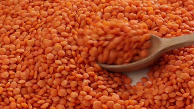 close up of uncooked red lentils wooden spoon food texture