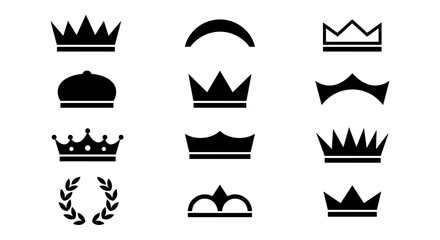 Minimalist crown icons set, black royal tiara and coronet silhouettes, 12 vector heraldry symbols for luxury branding and logo design © Jim