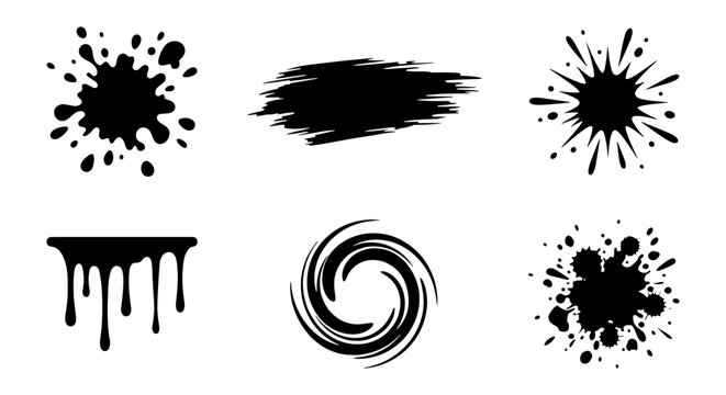 Black ink splash and paint splatter set, 6 grunge liquid drip and brush stroke icons, hand drawn artistic blot and swirl vector elements