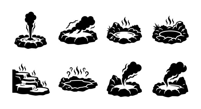 Geothermal geyser and hot spring icons set, black silhouette volcanic thermal vents, 8 nature landscape elements for travel maps and infographics
