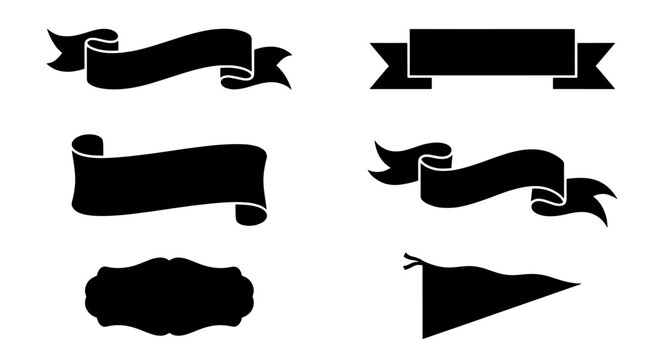 Vintage black ribbon banners set, 6 classic decorative vector silhouettes, elegant scroll labels and pennant flag for branding and web design