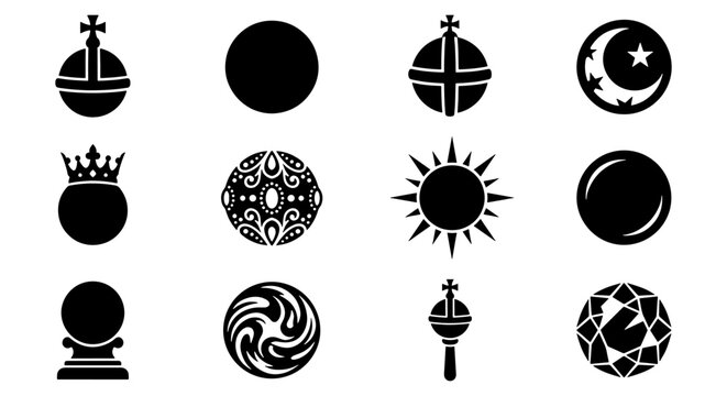 Mystical celestial sphere icons, 12 black vector elements including sun moon and crown, royal orb and crystal ball silhouettes for occult branding