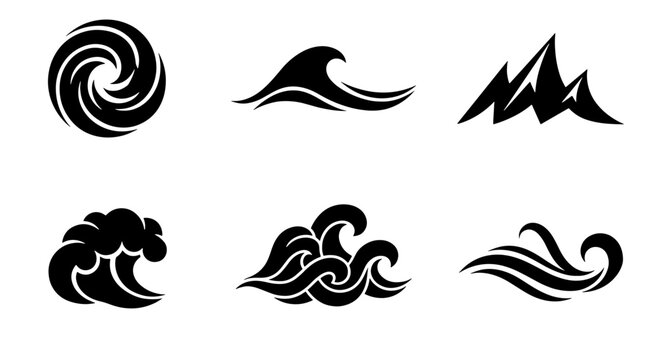 Minimalist black wave icons and mountain symbols, set of 6 nature elements in vector format, stylized ocean surf and peak silhouettes for logos