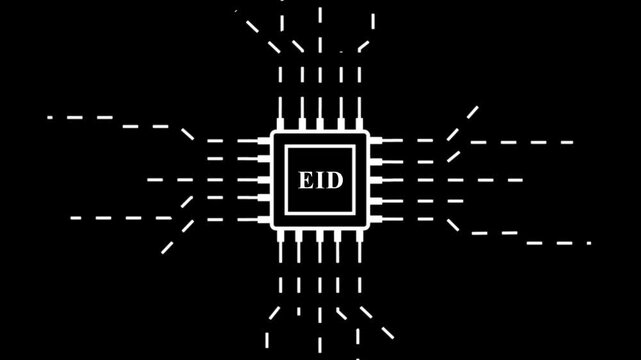A stark white on black depiction shows a microchip with the letters eid prominently displayed in its center amidst connecting lines high quality professional. Motion graphics of concept. 4k video