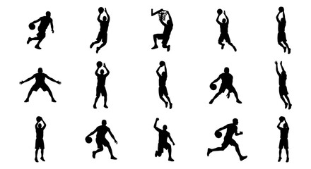 Basketball player silhouettes set, 15 athlete vector elements in action poses, black sports figures jumping and dunking, basketball game icons © Moniya