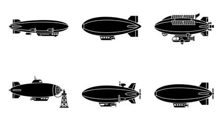 Vintage airship silhouette collection, set of 6 steampunk dirigible blimp icons, retro aviation zeppelin vector graphics for historical design © Moniya