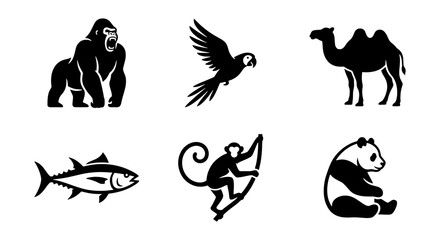 Minimalist animal logo icons set, black silhouette wildlife symbols, 6 vector illustrations of gorilla, parrot, camel, tuna fish, monkey and panda © Moniya