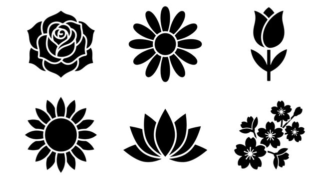 Minimalist black flower icon set, 6 floral vector elements including rose and lotus, flat botanical silhouette collection for logo design