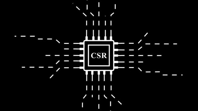 A stark white on black depiction shows a microchip with the letters csr prominently displayed in its center amidst connecting lines high quality professional. Motion graphics of concept. 4k video