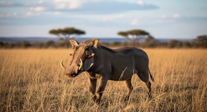 Warthog walking through savanna grass