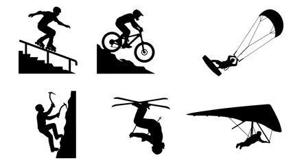 Extreme sports silhouettes set of 6 vector icons, mountain biking and rock climbing athletes, paragliding and skiing action figures for outdoor adventure © Moniya