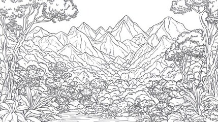 Obraz premium Jungle mountain landscape illustration for coloring book