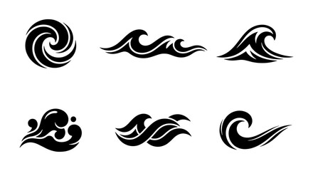 Fototapeta premium Stylized ocean wave icons set, black tribal sea surf silhouettes, 6 vector water splash elements for logo design and nautical branding