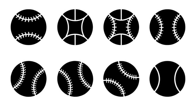 Baseball silhouette icons set, black softball ball vector collection with 8 elements, sports equipment symbols for league logos and team branding