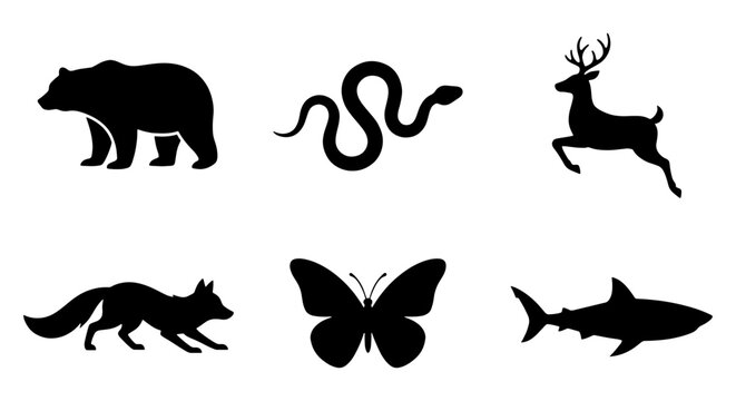 Wild animal silhouette icons set, black forest and ocean wildlife vector collection, 6 nature creature symbols for logo design