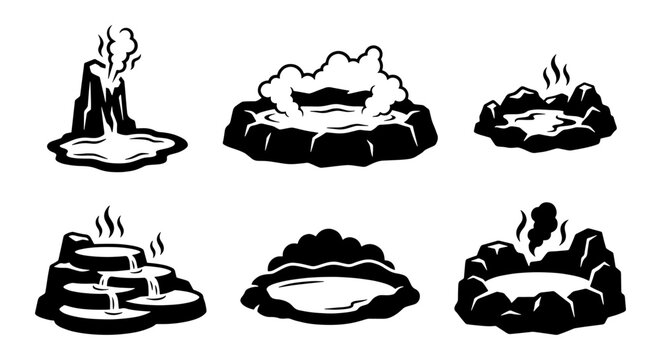 Minimalist hot spring icons set, black and white geyser and thermal pool vector illustrations, volcanic steam and mineral water spring collection