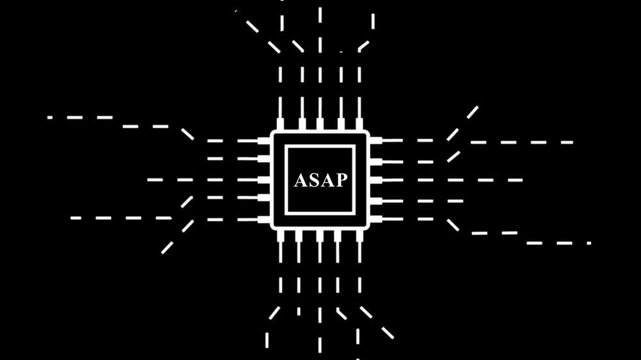 A stark white on black depiction shows a microchip with the letters asap prominently displayed in its center amidst connecting lines high quality professional. Motion graphics of concept. 4k video