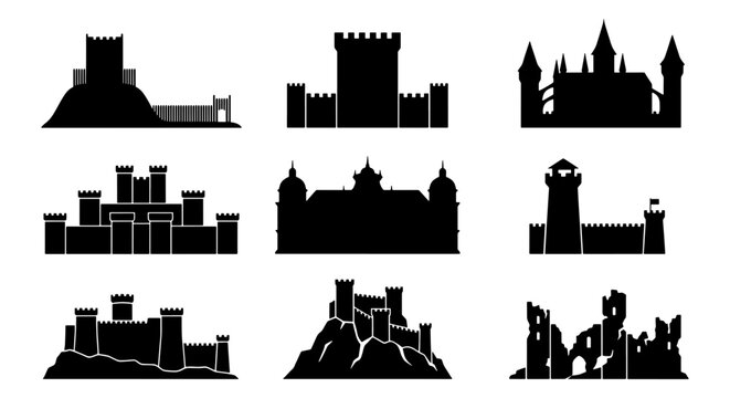 Medieval castle silhouettes set, 9 black fortress icons, ancient kingdom architecture and stone citadel ruins, historical palace vector elements