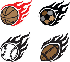 Fototapeta premium Flaming sports ball set vector basketball soccer baseball motion trail for sports design.
