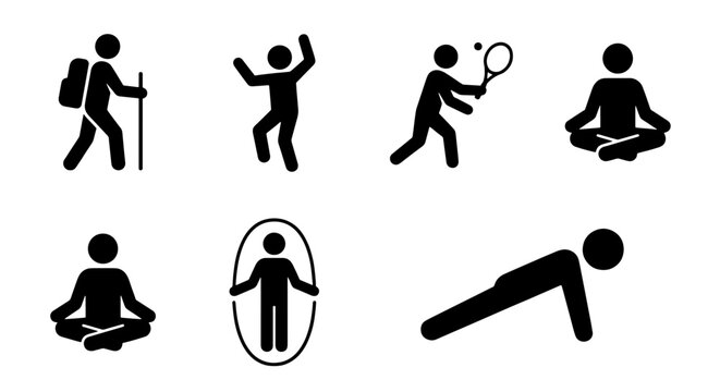 Active lifestyle stick figure icons, sports and fitness pictogram set, black silhouette people exercising, hiking yoga and tennis vector elements