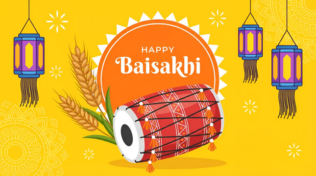 Happy Baisakhi vector illustration with traditional dhol drum, golden wheat, and festive lanterns on yellow background. Baisakhi festival sale banner design with traditional music instruments.