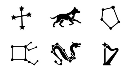Celestial constellation icons set, black astronomical star map symbols, zodiac and mythical creature silhouettes, 6 vector elements for astrology © Nilufa
