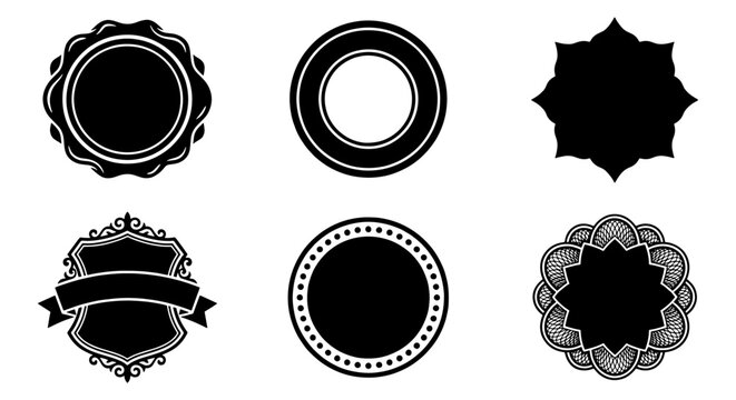 Vintage black badge collection, set of 6 decorative frame vectors, elegant heraldic shield and circular seal silhouettes for branding and labels
