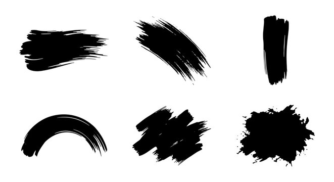 Grunge black ink brush strokes set, hand drawn paint texture elements, 6 artistic charcoal smear vector shapes for graphic design