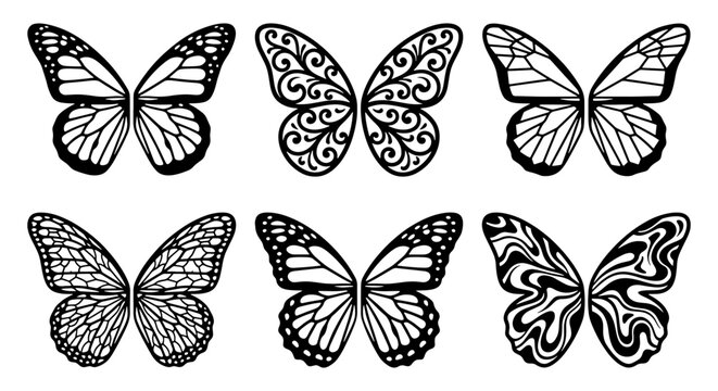 Decorative butterfly wing silhouettes, set of 6 ornate butterfly vector elements, black line art butterfly wings for laser cutting and vinyl decals