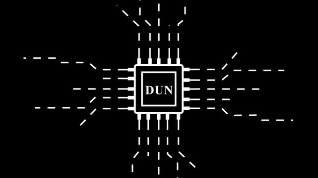 A stark white on black depiction shows a microchip with the letters dun prominently displayed in its center amidst connecting lines high quality professional. Motion graphics of concept. 4k video