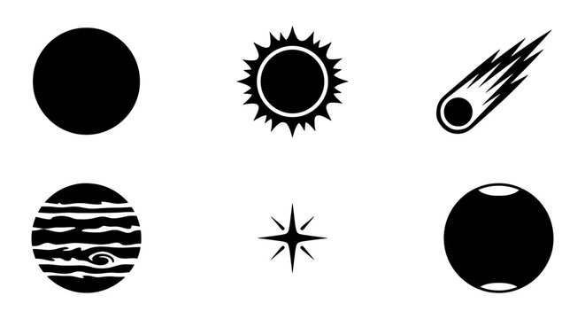 Minimalist space icons set, black celestial bodies and planet silhouettes, 6 vector elements including sun, comet, and stars for astronomy design